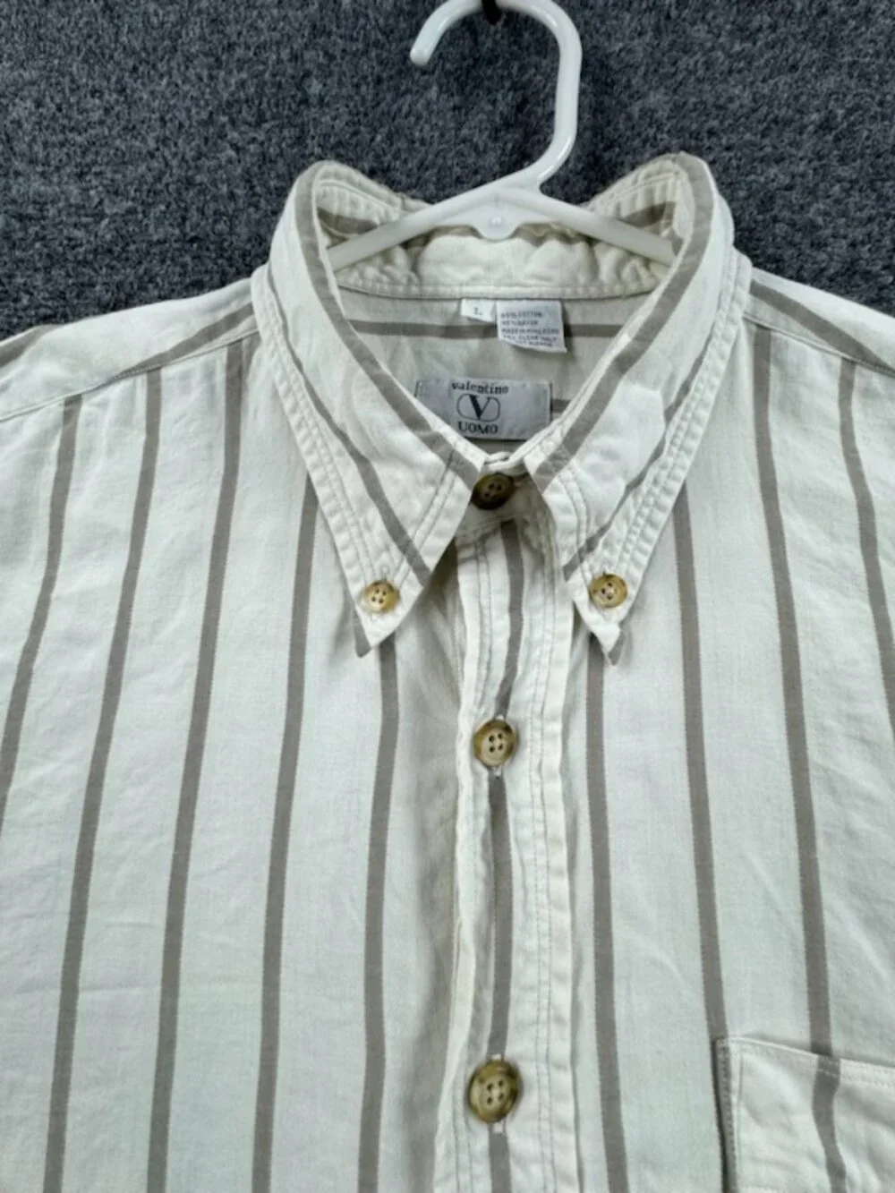 VTG Valentino Uomo Button-Down Large Striped White Gray Cotton Rayon Pocket Mens